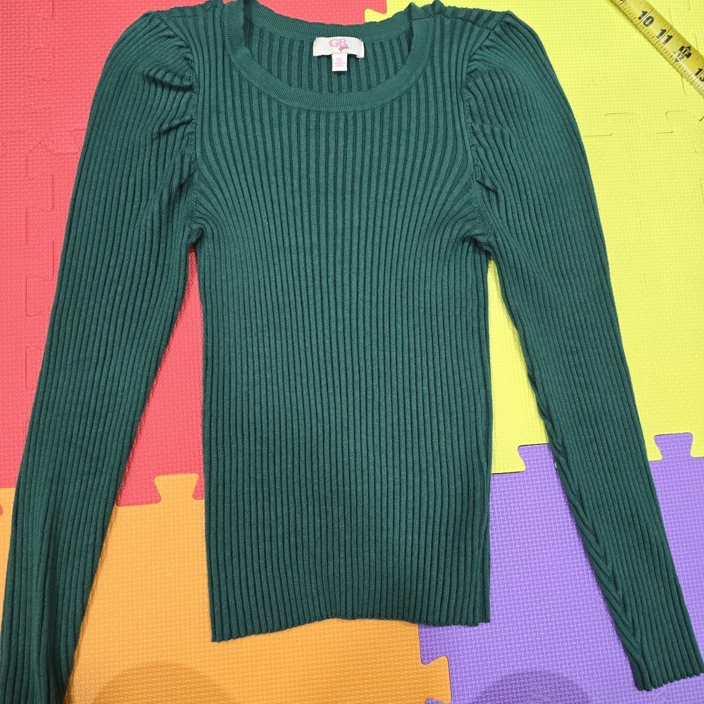 GB Girls Emerald Green Ribbed Knit Pullover Sweater Puff Sleeve Big Girls XL...
